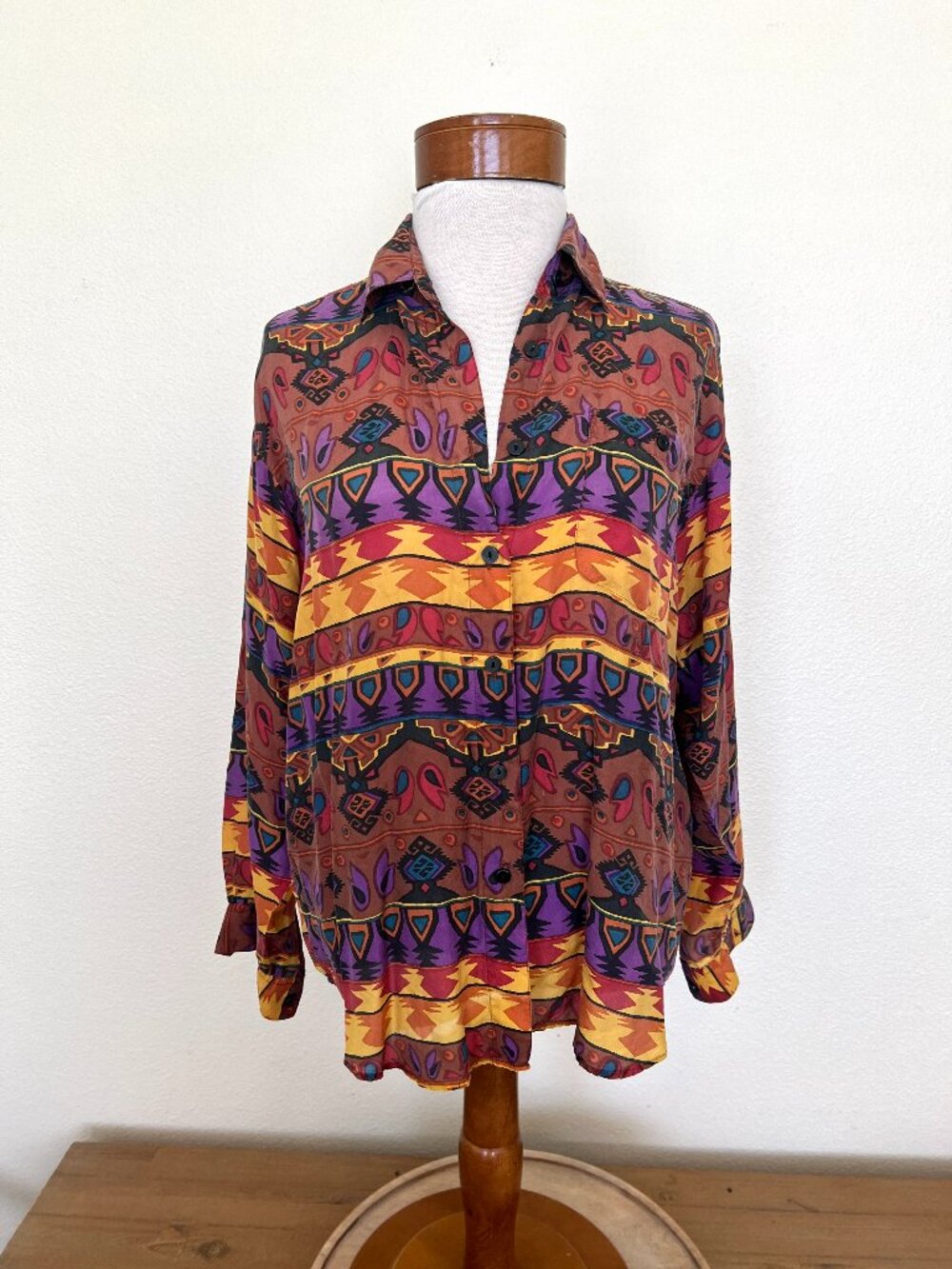 90's Funky Silk Southwestern Print Shirt - Tribes - Size Large -